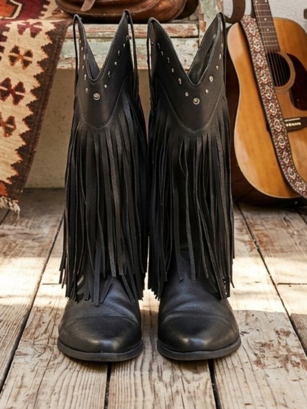 466. SheSole Black Fringe Studded Cowboy Boots - Size 39 (US 8-8.5)